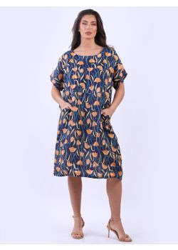 Italian Tulip Print Lagenlook Linen Shift Dress