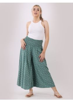 Italian Floral Smocked Waist Band Flared Palazzo Trouser