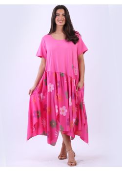 Italian Plus Size Asymmetric Flower Print Cotton Dress