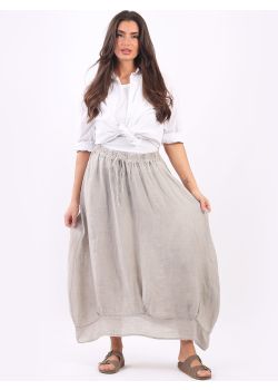 Italian Plain Linen Vintage Wash Ribbed Hem Midi Skirt