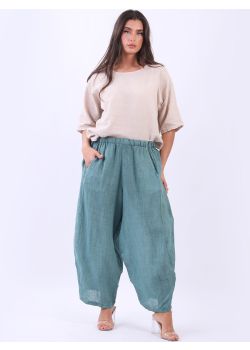 Made In Italy Cocoon Style Wide Leg Plain Linen Trouser