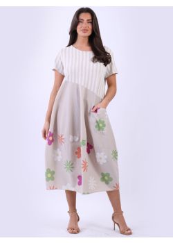 Italian Stripe And Floral Print Cotton Swing Dress