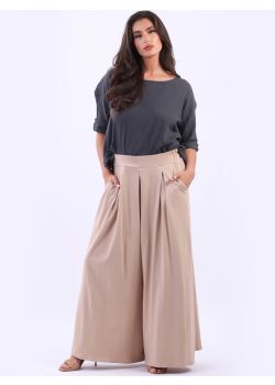 Made In Italy Plain Pleated  Wide Leg Cotton Palazzo