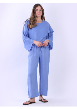 Linen Raw Edges Wrap Over Batwing Crop Top
