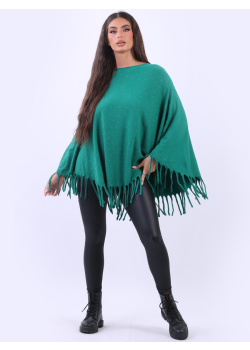 Fringed-Hem Glittery Ladies Knitted Chunky Poncho