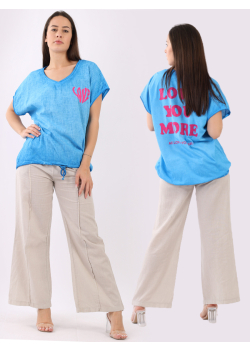 Italian Backside Love Quote Print Drawstring Hi-Lo Hem Baggy Linen Top