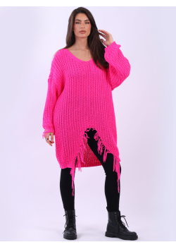 Women Ribbed Neck Fringed Long Knit Jumper