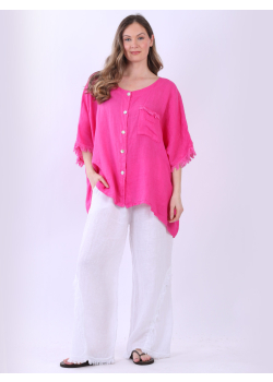 Ladies Front Buttons Fringed Linen Top