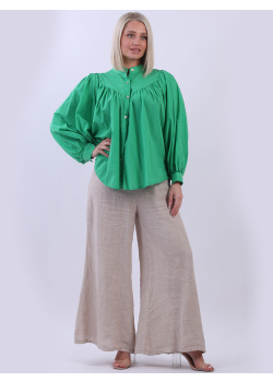 Italian Button Down Batwing Puff Sleeves Cotton Crop Blouse