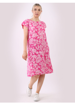 Italian Floral Print Lagenlook Linen Straight Cut Dress