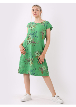 Floral Cap Sleeves Side Pockets Lagenlook Pleated Linen Dress