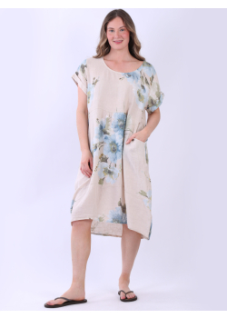 Floral Print Linen Hi Lo Hem Midi Dress