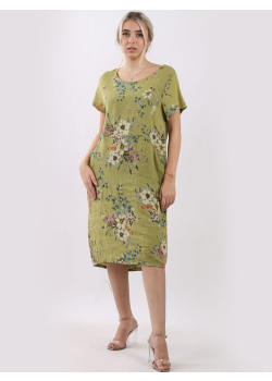 Made In Italy Floral Print Round Neck Linen Dress