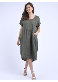 Plain Pleated Waist Front Pocket Lagenlook Quirky Dress