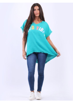 Made In Italy  V-Neck Good Vibes Slogan Cotton Tee