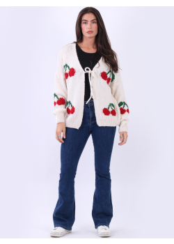 Drop Shoulder Knitted Cherry Print Cardigan