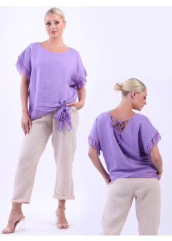 Italian Plain Linen Lagenlook Knot Hem Crop Top