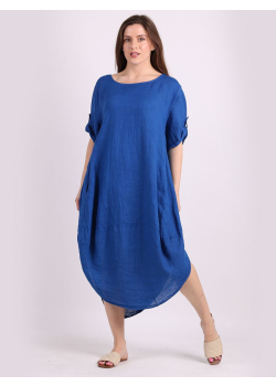 Made In Italy Plain Linen Round Hem Longline Dress