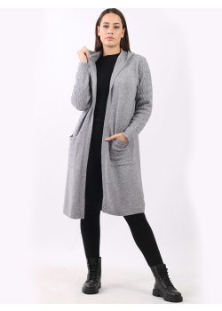 Italian Cable Knitted Arms And Pockets Open Front Hoodie Cardigan
