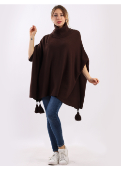 Made In Italy Tassels Cowl Neck Tunic Batwing Poncho