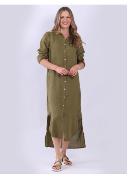 Italian Plain Linen Side Slits Lagenlook Long Shirt Dress