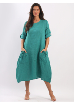 Italian Plain Linen Lagenlook Plus Size Slouchy Midi Dress