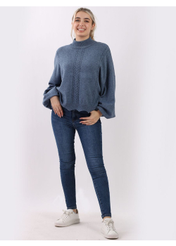 Italian Mock Neck Balloon Sleeves Cable Knit Loose Crop Jumper