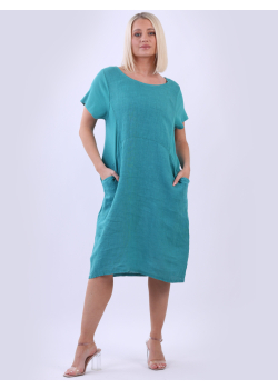 Made In Italy Plain Linen Ribbed Mid Length Roomy Dress