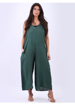 Made In Italy Plain Sleeveless Linen Wide Leg Dungaree