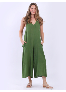 Made In Italy Plain Sleeveless Linen Wide Leg Dungaree