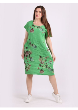 Italian Front Pockets Short Sleeves Floral Linen Dress