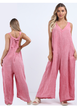 Plain Wide Leg Backside Knot Oversized Lagenlook Linen Jumpsuit