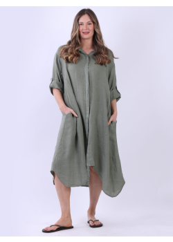 Women Collared Solid Linen Shirt Dress