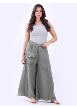 Plain Frayed Edge Front Pocket Linen Palazzo