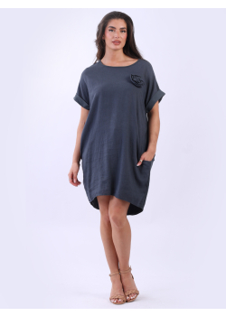 Plain Linen Flower Applique Midi Dress