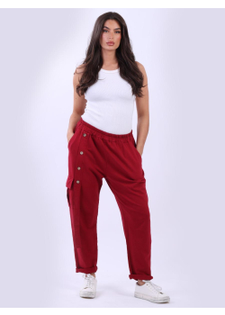 Ladies Relaxed Fit Buttoned Detail Solid Cotton Pant