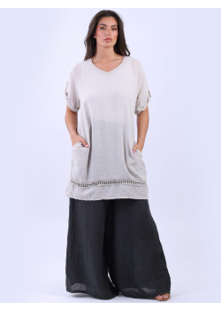 Italian Tabbed Sleeves Casual Women Linen Top