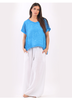 Plain Crop Style Dipped Hem Vintage Wash Linen Top