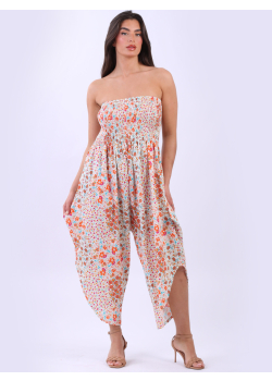 Made In Italy Floral Shirred Strapless Jumpsuit