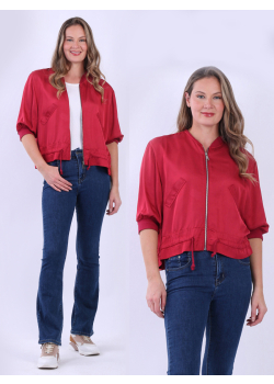 Italian Gathered Hem Zip Front Solid Crop Jacket