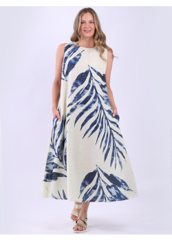 Italian Bamboo Leaves Linen Maxi Tank Dress 