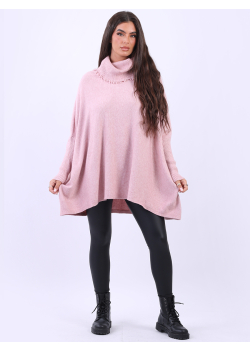 Cowl Neck Loose Fringe Knit Poncho