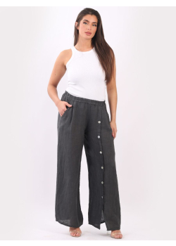 Italian Plain Linen Wide Leg Loose Fit Side Slit Trouser