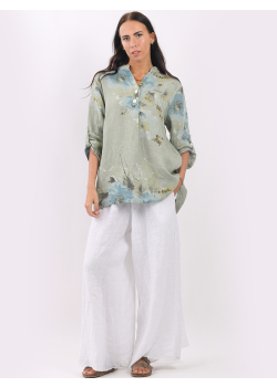 Italian Tabbed Sleeves Linen Lagenlook Floral Blouse