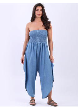 Made In Italy Shirred Strapless Denim Cotton Jumpsuit