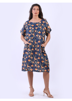 Italian Tulip Print Lagenlook Linen Shift Dress