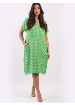 Italian Polka Dot Print Lagenlook Shift Midi Linen Dress