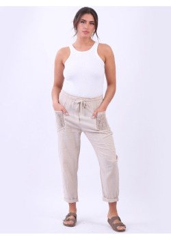 Italian Mesh Net Pockets Solid Linen Trouser