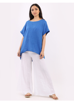 Italian Crop Style Pleated Back Dipped Hem Plain Linen Top