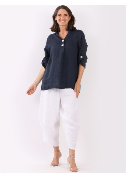 Made In Italy Front Buttons High Low Linen Lagenlook Top